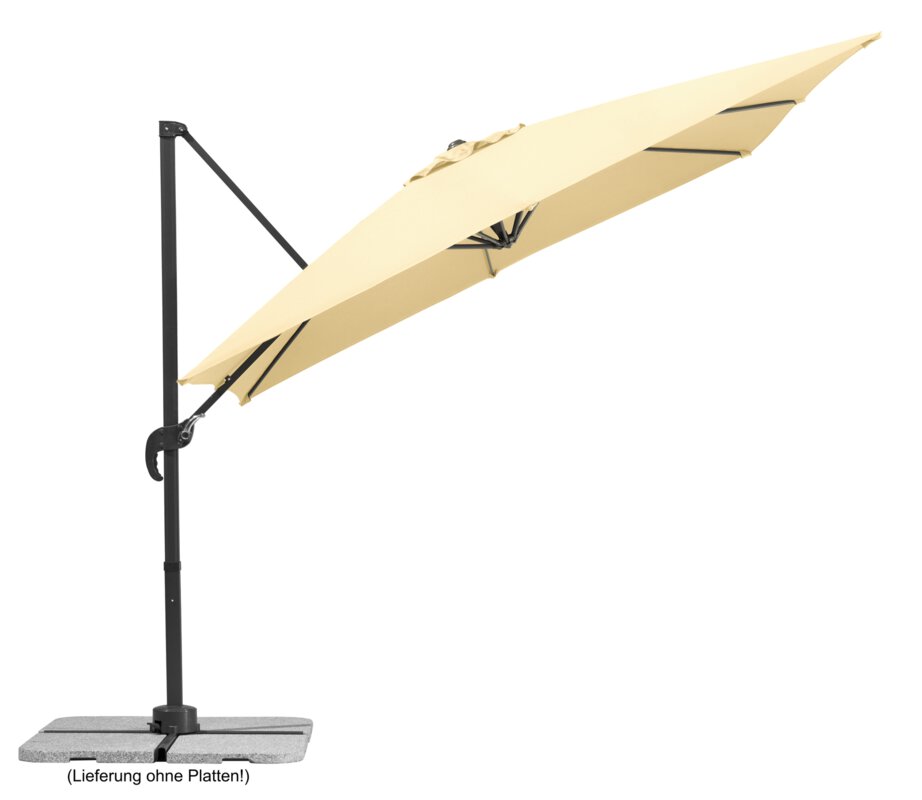 Schneider parasol Rhodos Junior in ecru, 270x270 cm, inclined, on a white background.
