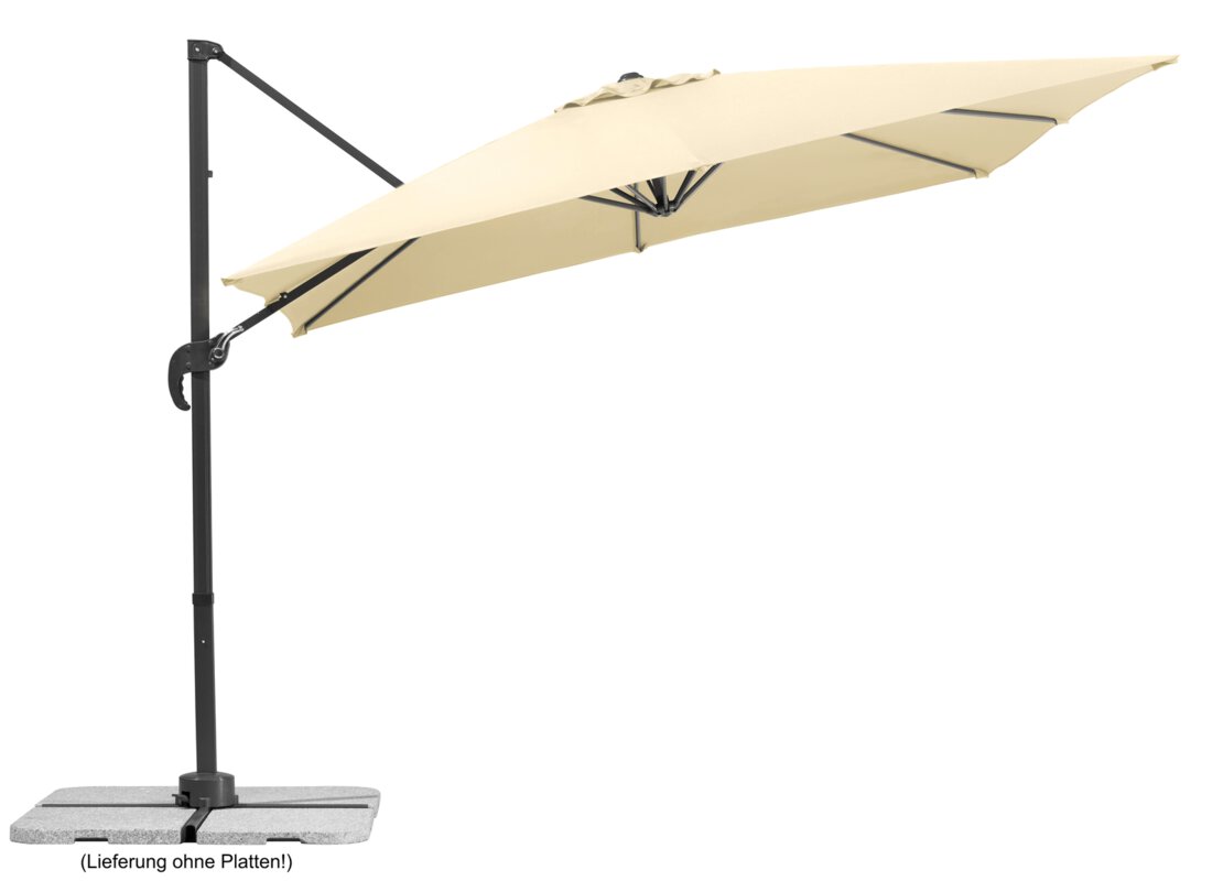 Schneider parasol Rhodos Junior in ecru, 270x270 cm, inclined, on a white background.