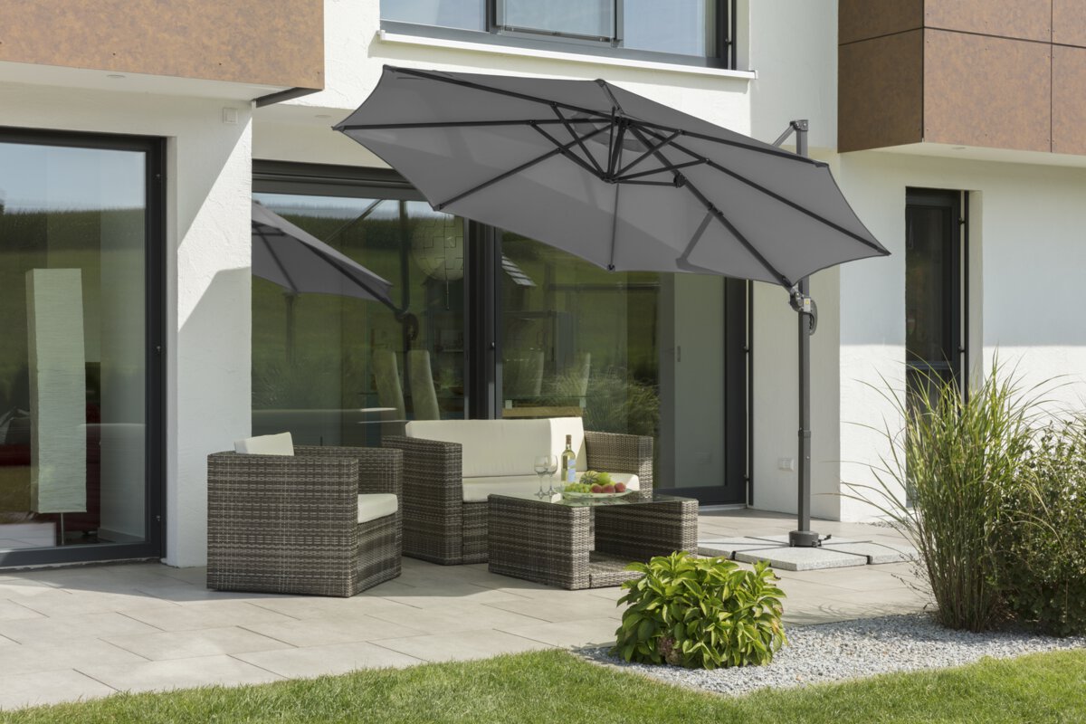 Schneider parasol Rhodos Junior in anthracite, 300 cm diameter, inclined, on a white background.