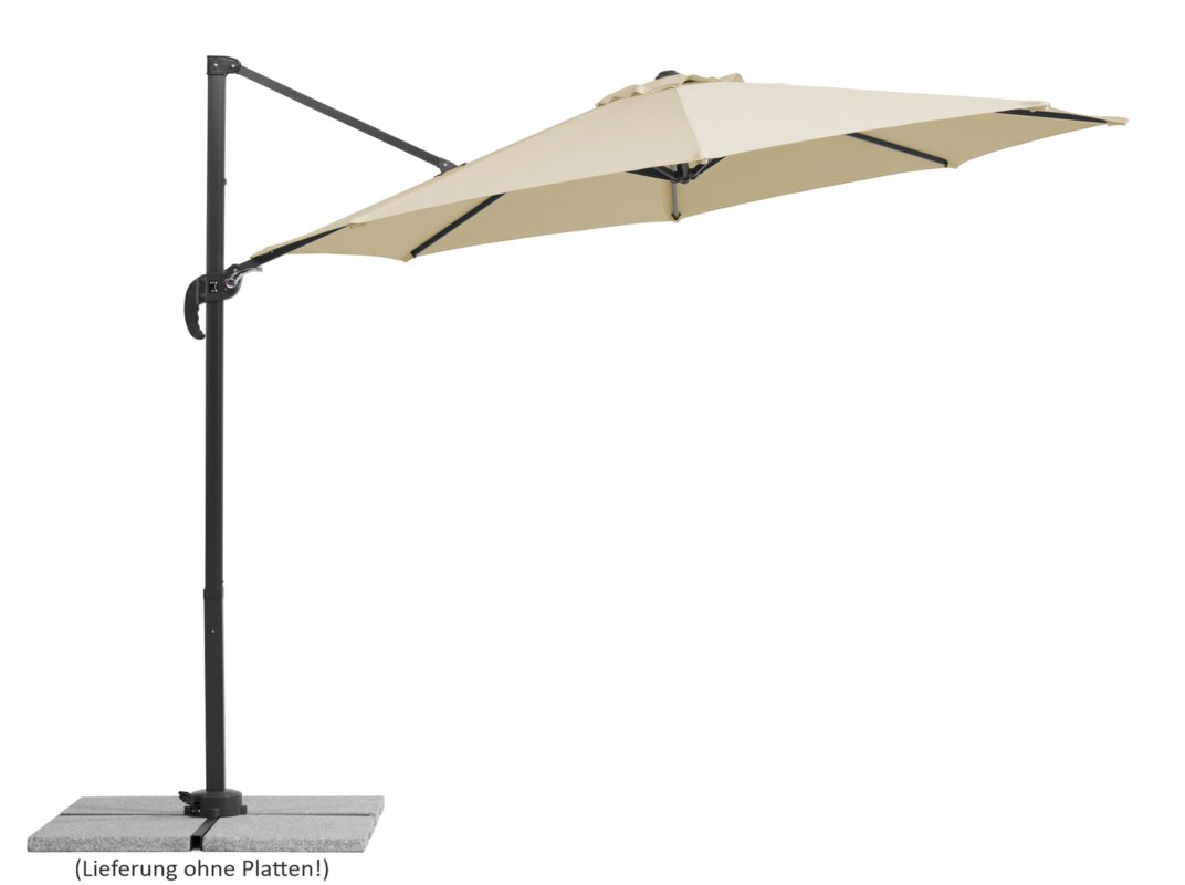 Schneider parasol Rhodos Junior in ecru, 300 cm diameter, inclined, on a white background.
