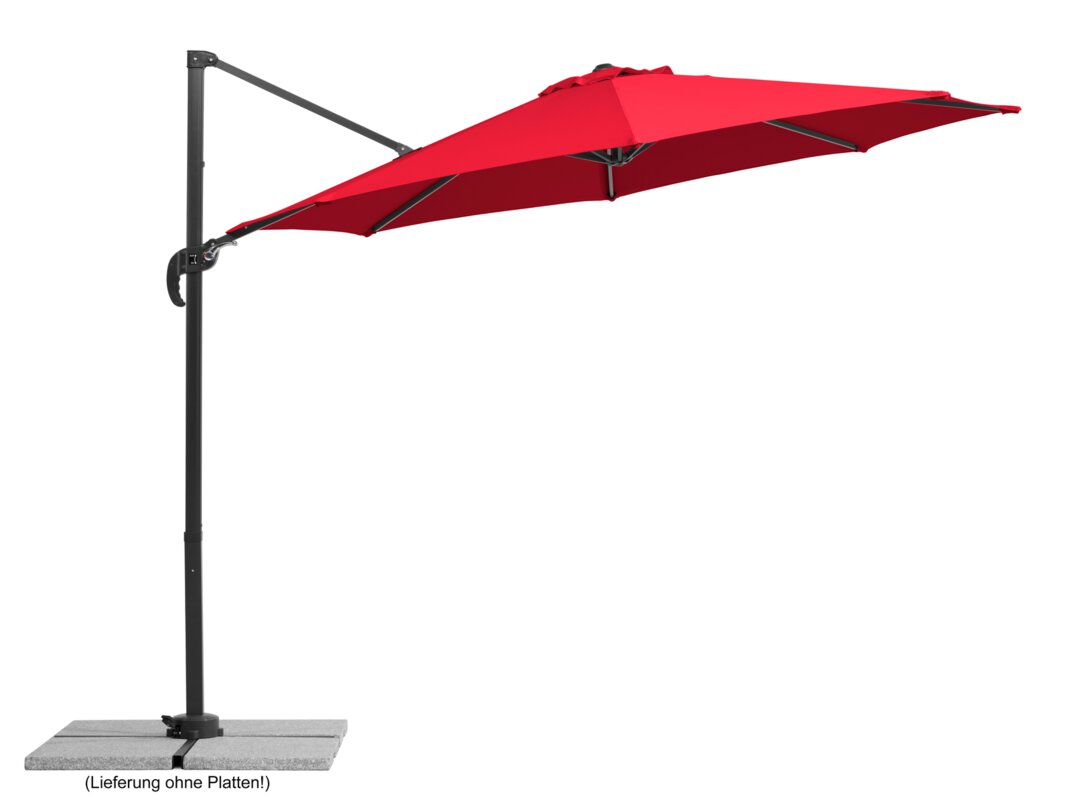 Schneider parasol Rhodos Junior in red, 300 cm diameter, inclined, on a white background.