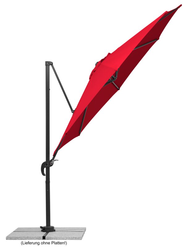 Schneider parasol Rhodos Junior in red, 300 cm diameter, inclined, on a white background.