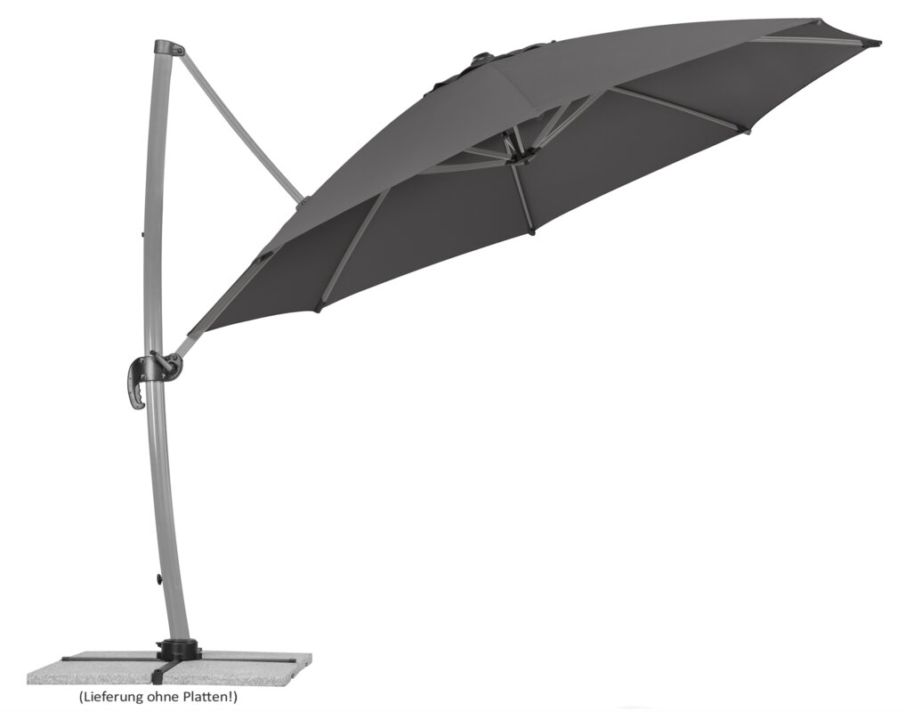 Schneider parasol Rhodos Rondo in anthracite, 350 cm diameter, inclined, on a white background.