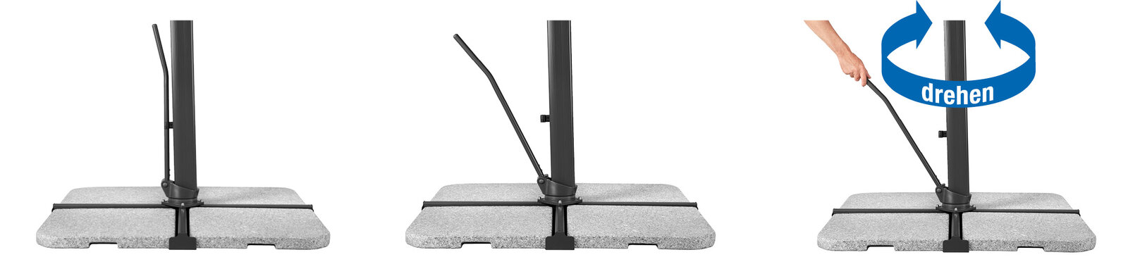 Schneider parasol Rhodos Smart, 300x300 cm - three images of the operating lever demonstrate its use.