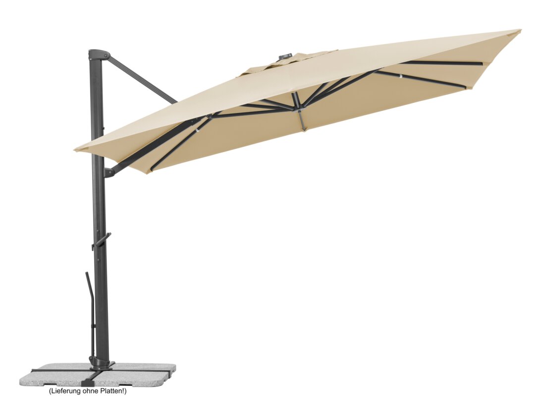Schneider parasol Rhodos Smart in ecru, 300x300 cm, inclined, on a white background.