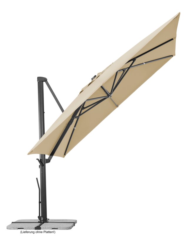 Schneider parasol Rhodos Smart in ecru, 300x300 cm, inclined, on a white background.