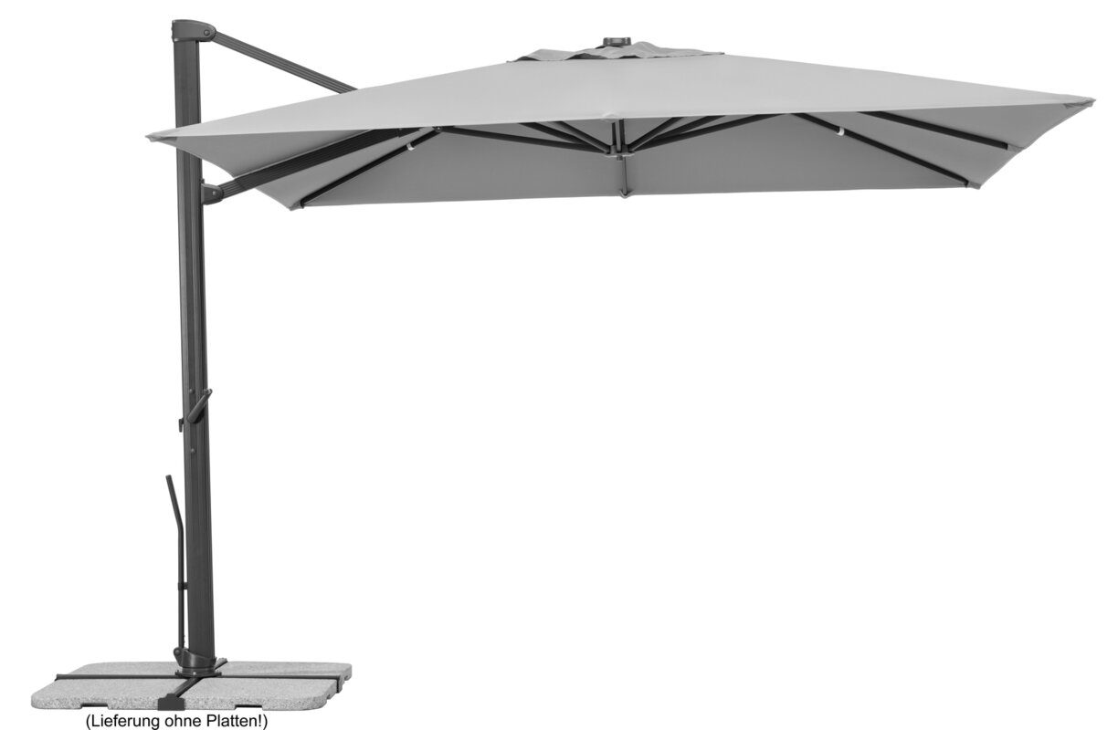 Schneider parasol Rhodos Smart in silver grey, 300x300 cm, on a white background.