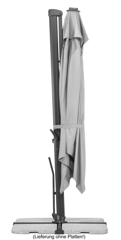 Schneider parasol Rhodos Smart in silver grey, 300x300 cm, closed, on a white background.