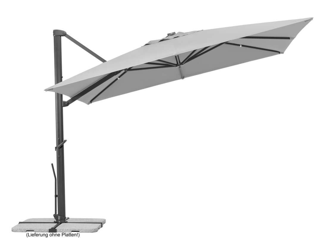 Schneider parasol Rhodos Smart in silver grey, 300x300 cm, inclined, on a white background.