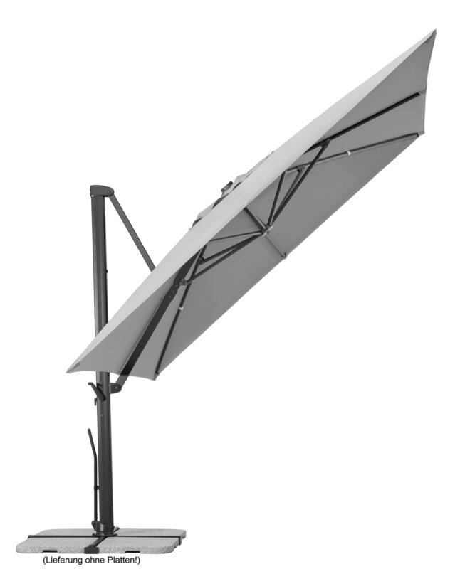 Schneider parasol Rhodos Smart in silver grey, 300x300 cm, inclined, on a white background.
