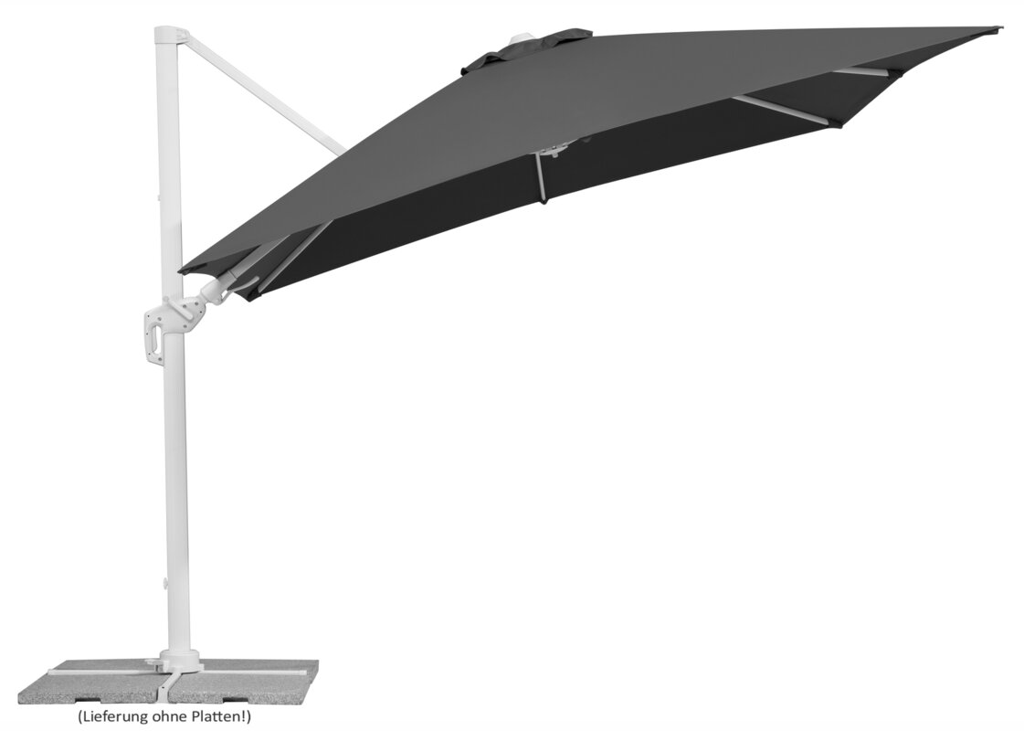 Schneider parasol Rhodos Twist Bianco in anthracite, 300x300 cm, inclined, on a white background.