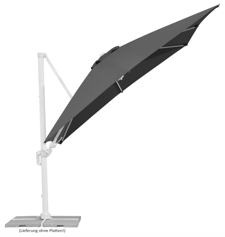 Schneider parasol Rhodos Twist Bianco in anthracite, 300x300 cm, inclined, on a white background.