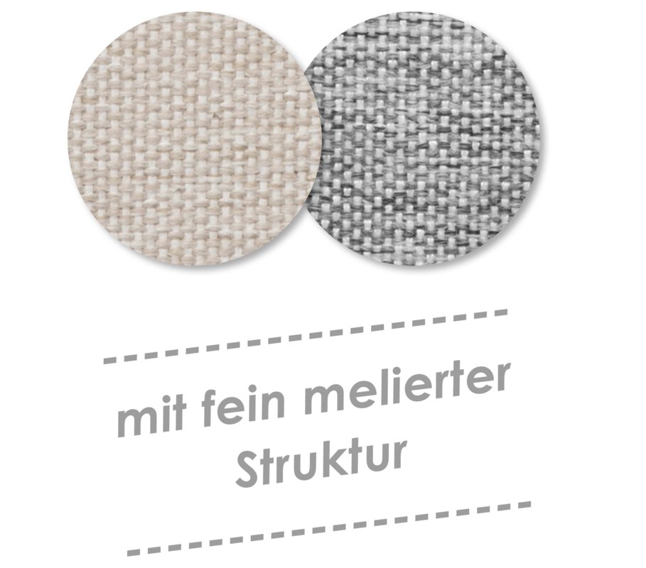 Die Stoffe des Schneider Sonnenschirms Rhodos Twist Comfy (300x300 cm) sind auf weißem Hintergrund abgebildet. Darunter der Schriftzug "mit fein melierter Struktur".