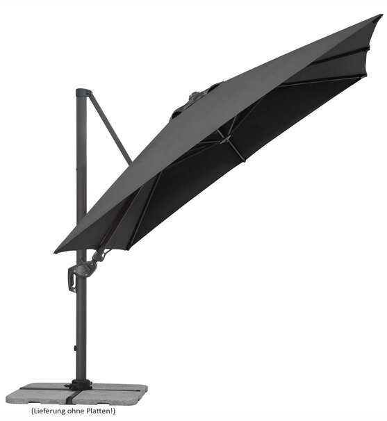 Schneider parasol Rhodos Twist in anthracite, 300x300 cm, inclined, on a white background.