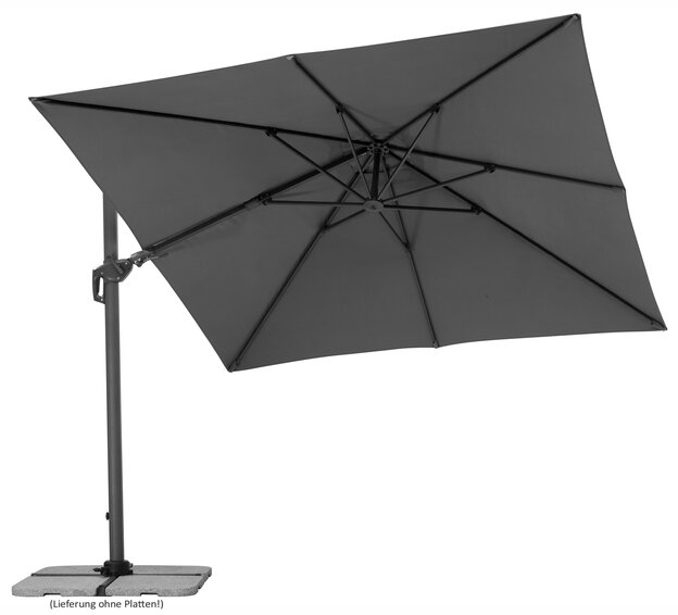 Schneider parasol Rhodos Twist in anthracite, 300x300 cm, tilted, on a white background.