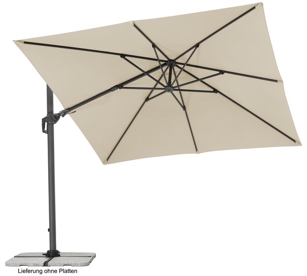 Schneider parasol Rhodos Twist in ecru, 300x300 cm, tilted, on a white background.