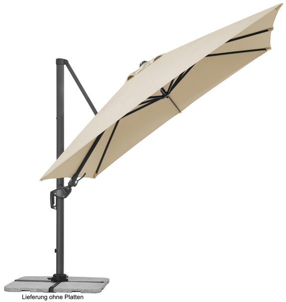 Schneider parasol Rhodos Twist in ecru, 300x300 cm, inclined, on a white background.
