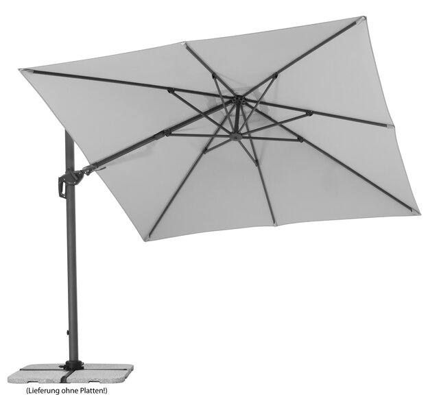 Schneider Sonnenschirm Rhodos Twist  in Silbergrau, 300x300 cm, gekippt, auf weißem Hintergrund.