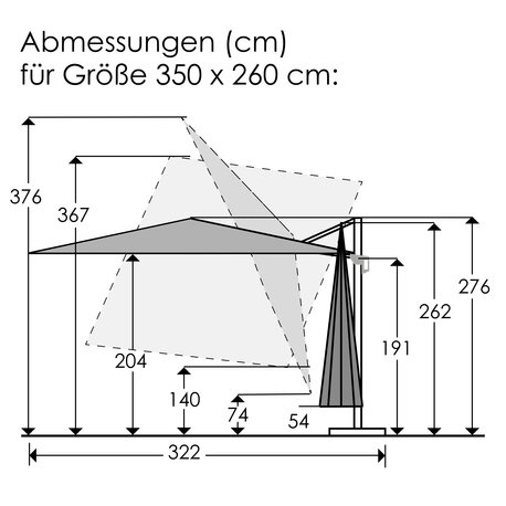 Schneider Schirme Rhodos Twist 350x260 cm Abmessungen Sonnenschirm. Grafik mit verschiedenen Höhenangaben des Schneider Sonnenschirms Rhodos Twist (350x260 cm): Gesamthöhe (276 cm), Gesamthöhe bei maximaler Neigung (376 cm), Durchgangshöhe (204 cm) sowie Höhe im geschlossenen Zustand (Boden bis Strebenbeginn, 54 cm).