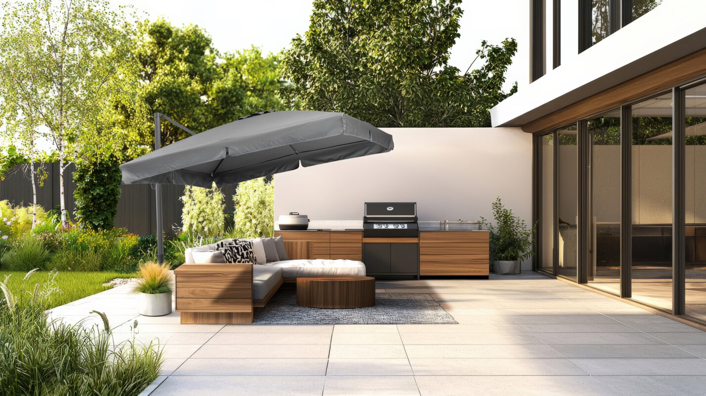 Schneider Rhodos sun umbrella in anthracite (300x300 cm) on a modern terrace with lounge furniture, in the background an outdoor kitchen, lawn, shrubs and trees. On the right side of the image is the house belonging to the outdoor area.