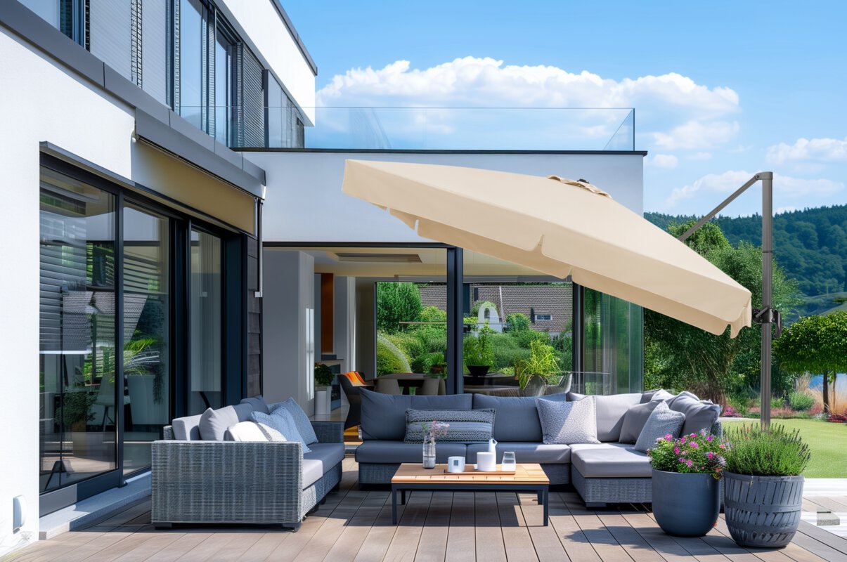 Schneider Rhodos sun umbrella in ecru, 300x300 cm, on a wooden terrace with lounge furniture. In the foreground, two flower pots, in the background, a house, lawn and trees.