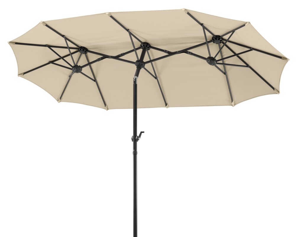 Schneider parasol Salerno in ecru, 300x150 cm, tilted, on a white background.