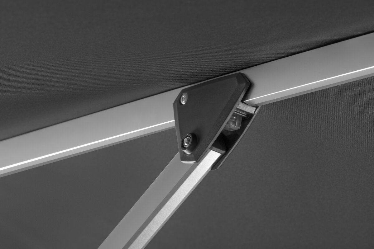 Schneider parasol Santorini in anthracite, 325x325 cm - close-up of the ribs joint.