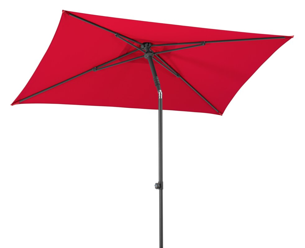 Schneider parasol Sevilla in red, 240x240 cm, tilted, on a white background.