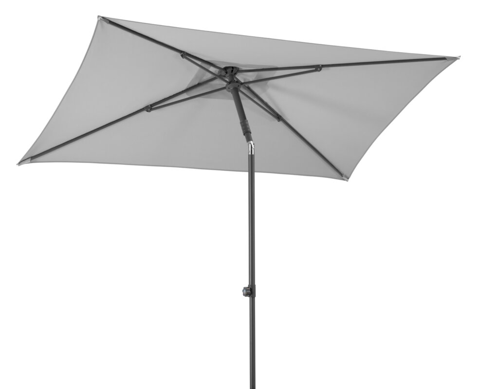 Schneider parasol Sevilla in silver grey, 240x240 cm, tilted, on a white background.