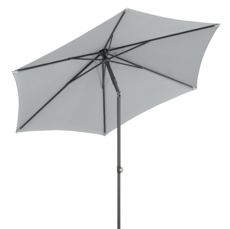 Schneider parasol Sevilla in silver grey, 270 cm diameter, tilted, on a white background.