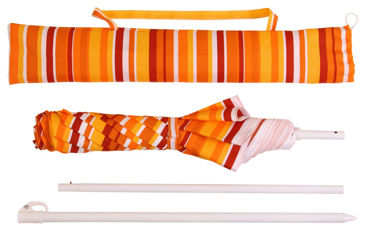 Schneider parasol Shorty in orange, 180 cm diameter, against a white background - individual parts (carrying bag, parasol, poles).