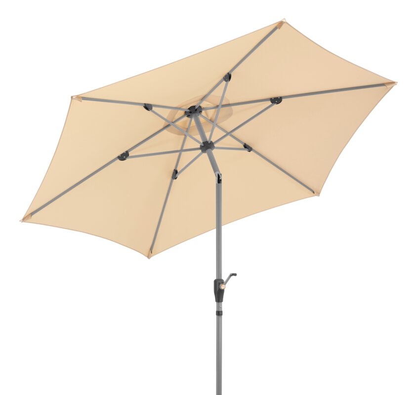 Schneider parasol Solesta in ecru, 270 cm diameter, tilted, on a white background.