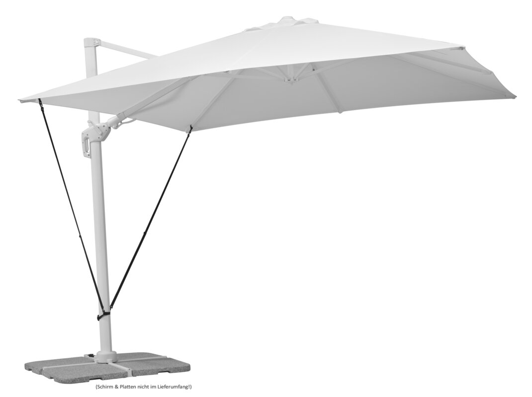 Schneider Ampelschirm Rhodos Twist Bianco mit montierter Windsicherung für Ampelschirme zur Stabilisierung bei Wind, dargestellt auf weißem Hintergrund.