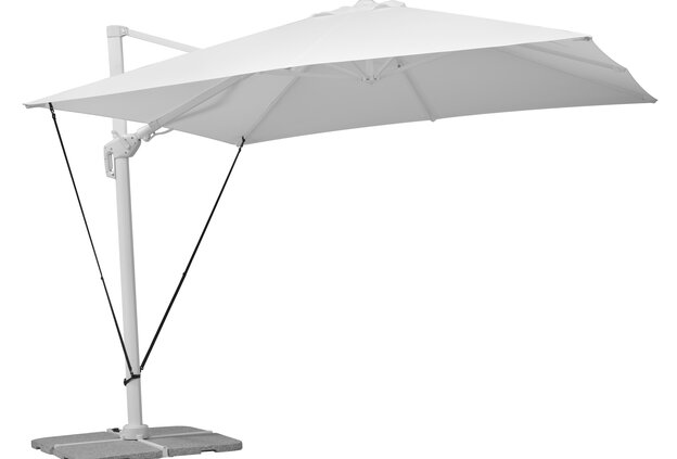 Schneider Ampelschirm Rhodos Twist Bianco mit montierter Windsicherung für Ampelschirme zur Stabilisierung bei Wind, dargestellt auf weißem Hintergrund.