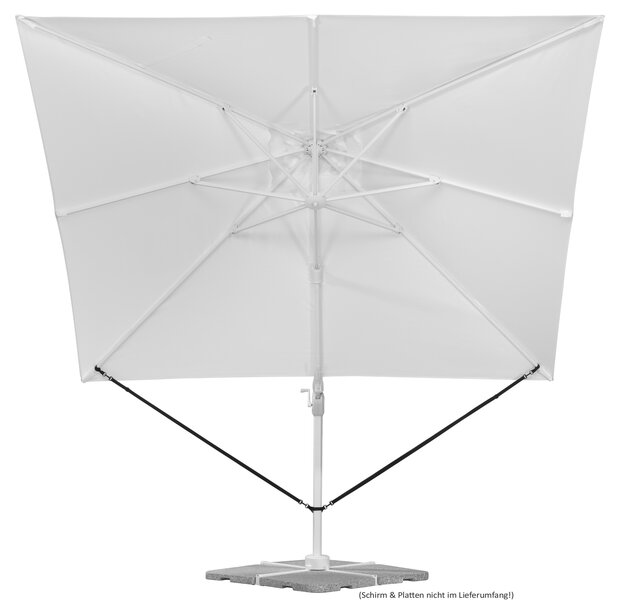 Schneider Windsicherung als Zubehör für Ampelschirme – Verbindung zwischen Bespannung und Mast wird veranschaulicht. Reduziert Bewegung bei Wind und erhöht die Stabilität insbesondere bei geneigtem Schirmdach.