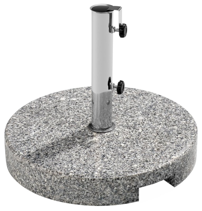 Round Schneider granite stand with stainless steel tube and polished surface, approx. 30 kg, for umbrella poles 25–40 mm Ø, center pole parasols up to 250 cm Ø and small rectangular parasols, shown on a white background.
