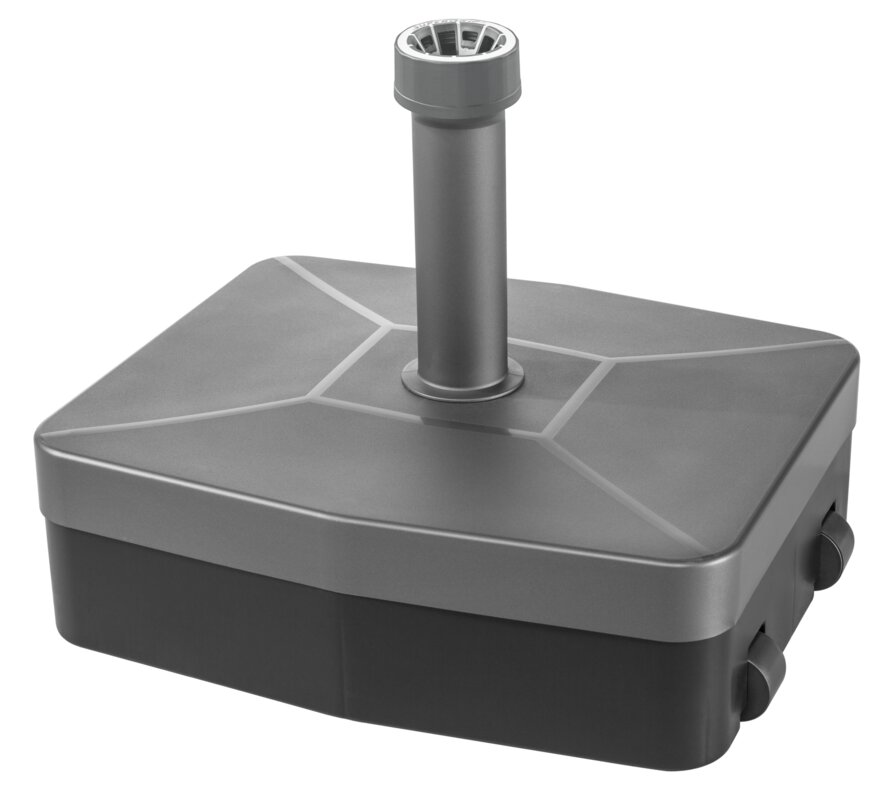 Abgebildet ist ein Schneider PE-Ständer (ca. 45 kg befüllt) mit Rollen und Griffmulde. Geeignet für Mittelmastschirme bis 300 cm Ø und Schirmstöcke von 30–50 mm. Ideal für flexible, mobile Nutzung im Garten oder auf dem Balkon.