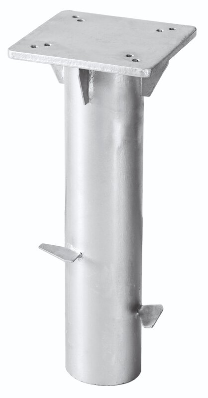 Feuerverzinkte Universal-Bodenplatte zum Einbetonieren mit ca. 40 cm Höhe und ca. 16 × 16 cm großer Montageplatte – sorgt für einen stabilen Schirmstand im Garten oder auf der Terrasse, ganz ohne schwere Platten.