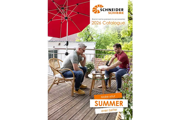 Cover of the Schneider Schirme Catalog 2026. The Schneider logo, title and subtitle are visible at the top right and the phrase ‘Make your summer even better’ is at the bottom right. The image shows two men playing chess at a small table on a balcony under the red Venedig parasol.